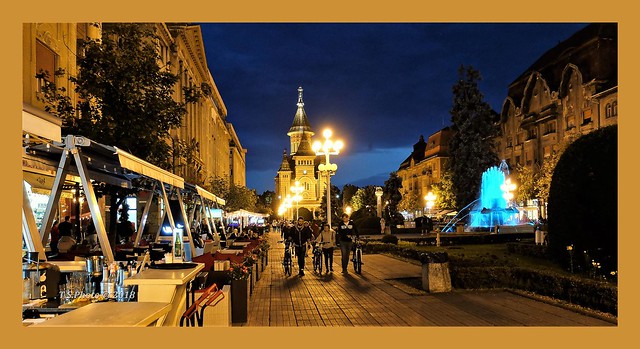 Timișoara ,Opera Plaza by night - view to the cathedral
