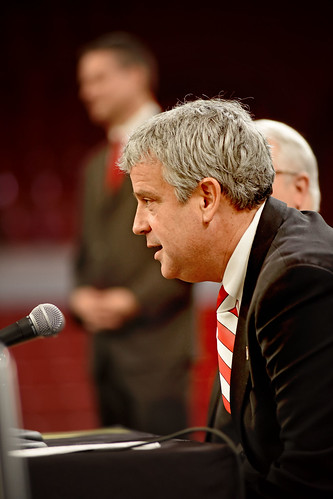 New athletics director Boo Corrigan answers a question during a press conference in Reynolds Coliseum.