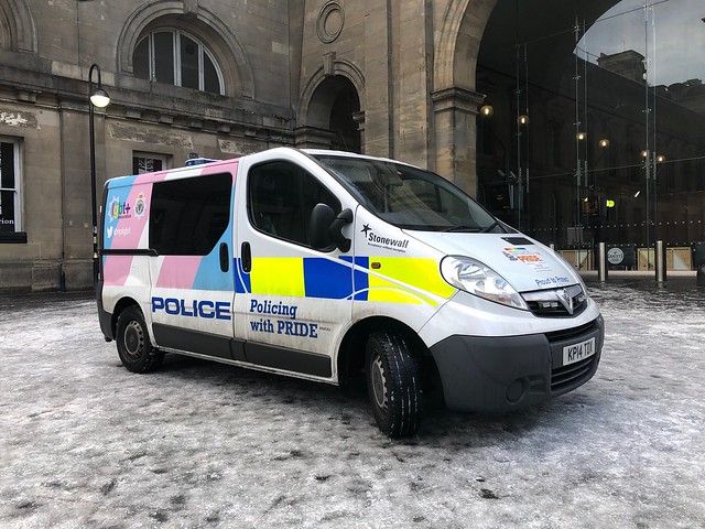 Seen on the ice outside Newcastle upon Tyne Station on 02/02/2019.  Northumbria Police KP14TDX Vauxhall Vivaro Cell Van in LGBT Pride livery