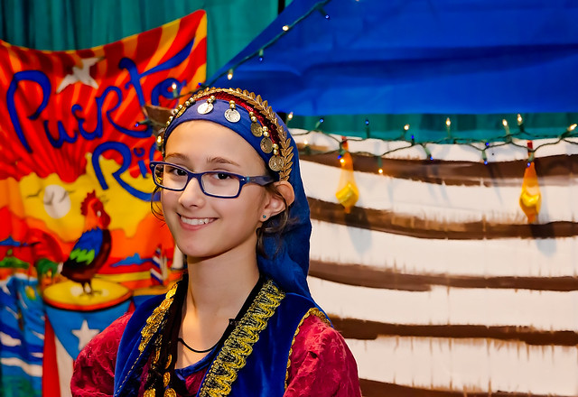 Girl dressed in Puerto Rican clothes at the 34th annual Mobile International Festival in Mobile Alabama