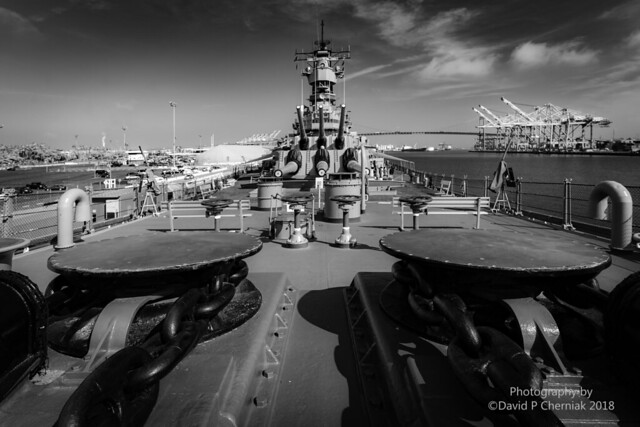 USS Iowa's Anchor Chains 16-inch Guns Turret's 1 and 2 BW infrared (7593) BB-61 San Pedro, CA 10-29-2018.
