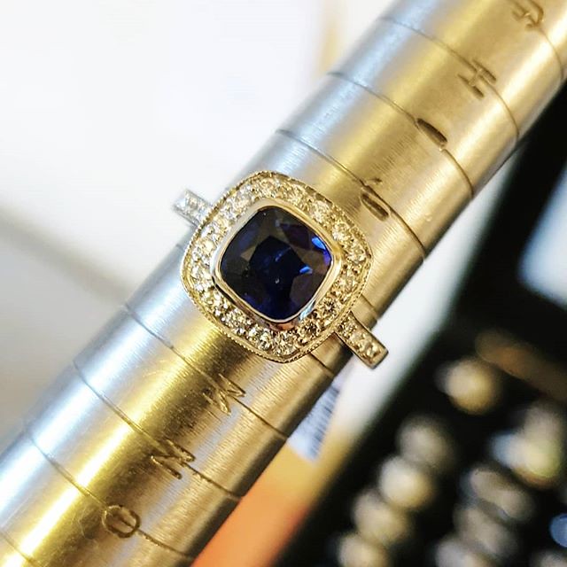 A beautiful deep blue cushion cut sapphire in a pave set diamond antique style halo 💍 . . . #voltairediamonds #diamond #diamonds #diamondring #ringinspo #engagementring #engagementrings #ringgoals #engaged #isaidyes #ihavethisthingwithdiamonds #gemst