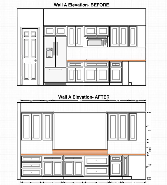 DESIGN DRAWING- Before and after drawings of the front kitchen partition wall which separates the dining room from the kitchen