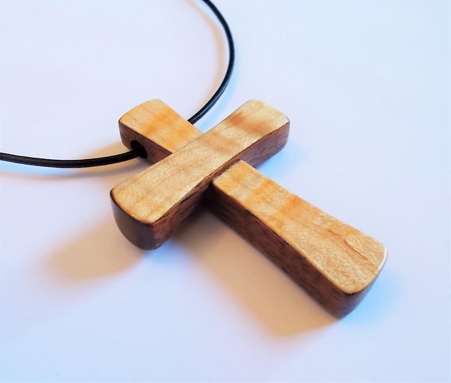 Cross Pendant in Flame Maple Veneer and Walnut Wood