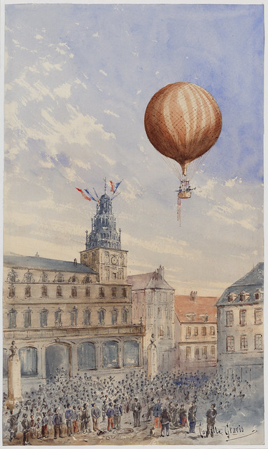 Balloon with two passengers hovering over a French town square by Camille Gravis. Original from Library of Congress. Digitally enhanced by rawpixel.