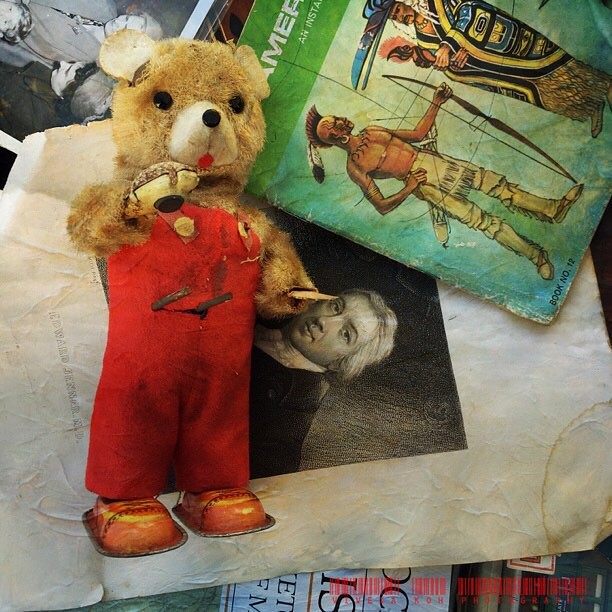 The Little Bear in Red Dungarees #teddy #bear #red #dungarees #vintage #antique #photograph #nativeamerican #kemptonparkantiques #sunburyantiques #sunbury