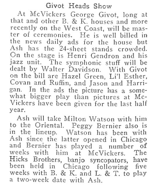 George Givot Heads Show in Chicago (1926)