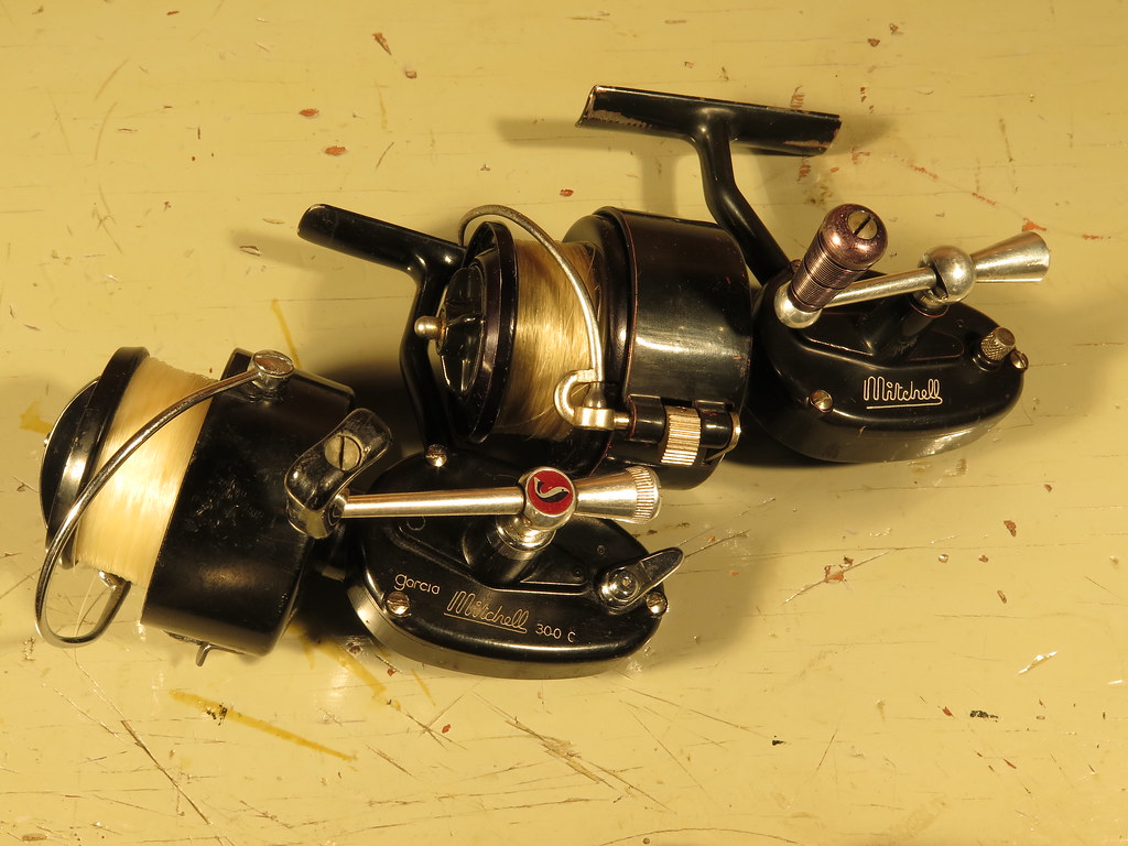 Old and Very Old Mitchell 300 Spinning Reels, The reel on t…