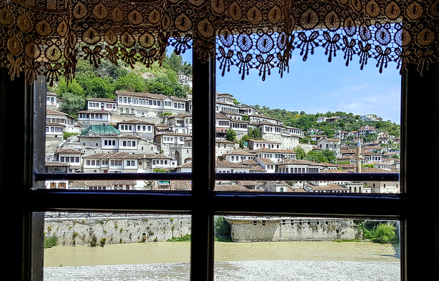 View through the window on the old town of Berat, Albania (Unesco world heritage)