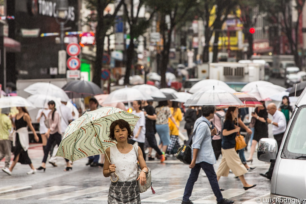 Paseando bajo la lluvia que precedía al tifón (que llegaría a Tokio por la noche)