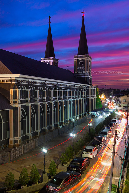 The Cathedral of Immaculate Conception, Chanthaburi, with beautiful dramatic sky after sunset during Christmas Celebration.