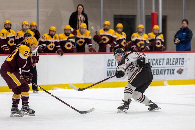 Dani Perry (22) Hamline University women's ice hockey game vs Concordia College; Hamline won the game 2-1