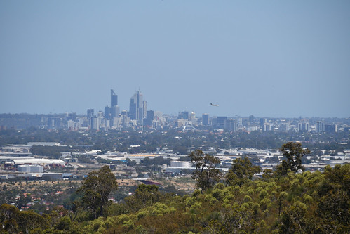 western australia perth lesmurdie falls view city skyline buildings airplane landing