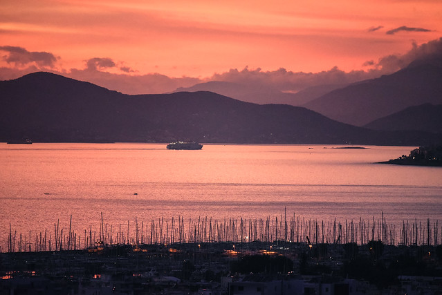 ferry arriving at Piraeus port in the dusk