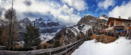 view vista sight panorama panoramic pano sweep sky clouds blue grey rocks shapes textures dolomites sunshine shadows refuge restaurant cafe bar people colourful altabadia italy phone mobile samsung galaxy s8 android app snapseed
