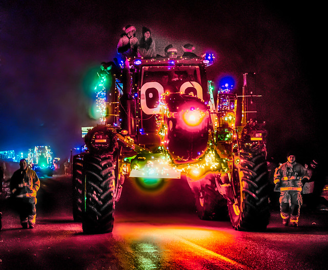 Illuminated farm equipment at Farmers' Festival of Lights