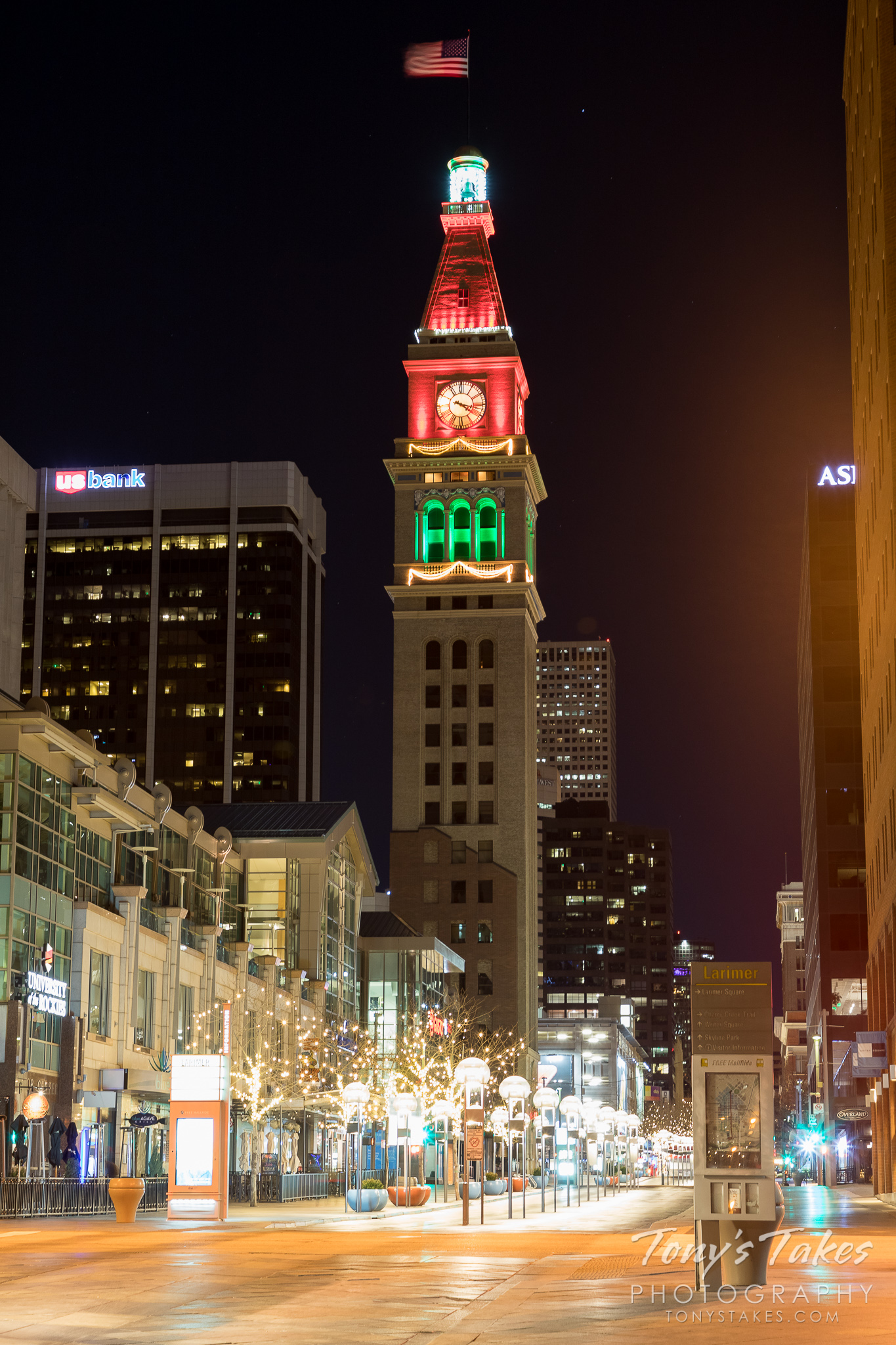 Denver's 16th Street Mall and the Daniels and Fisher Tower in holiday lights. (© Tony’s Takes)