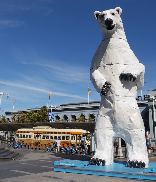 Embarcadero - polar bear sculpture made from recycled cars, reminding everyone of the effects of climate change