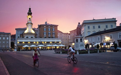 city light sunset color colour salzburg bicycle evening colorful outdoor mozartplatz