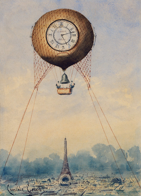 Illustration of captive balloon with clock face and bell, hovering above Paris, France with Eiffel Tower in the background by Camille Gravis. Original from Library of Congress. Digitally enhanced by rawpixel.