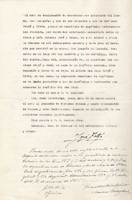 1935 - Solicitud de cancelación de derechos legitimarios de los hermanos Pablo y Juan fatjó Diviu en la herencia de su padre Domingo Fatjó Jané,