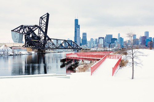 chicago winter snow skyline cityscape river bridge
