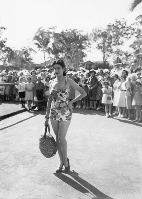 Swimsuit model at the Red Cross Fete held in the grounds of Government House, Brisbane, 1940