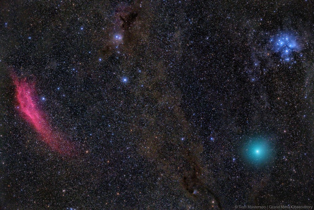The Fiery Red California Nebula, Deep Blue Pleiades and a Green Comet 46P Wirtanen APOD 12/20/2018