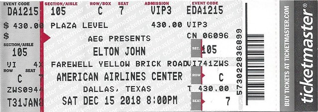 December 15, 2018, Elton John, Farewell Yellow Brick Road Tour, in concert, American Airlines Center, Dallas, Texas - Ticket Stub