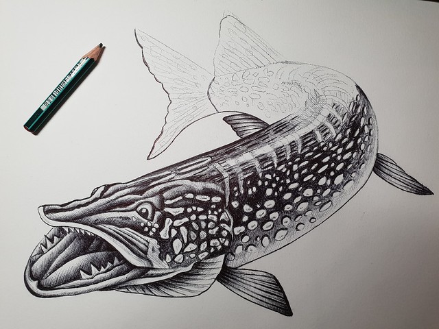 Pike Study (ballpoint pen art) - Brochet Etude (dessin au bic)