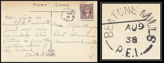 Prince Edward Island Postal History - 9 August 1938 - BEATONS MILLS, PEI (split ring / broken circle cancel / postmark) to East Wareham, Massachusetts, USA