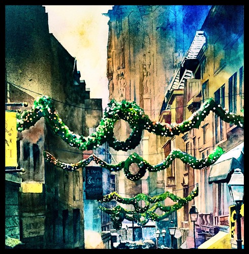 Christmas Market by lawyertomkaren, watercolor painting christmas holiday wreath garland cathedral city urban landscape cityscape lamppo