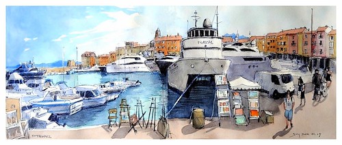 sainttropez provence france croquis sketch googleearthstreetview aquarelle watercolour watercolor aguarela acuarela panoramique panoramic bateaux port harbour