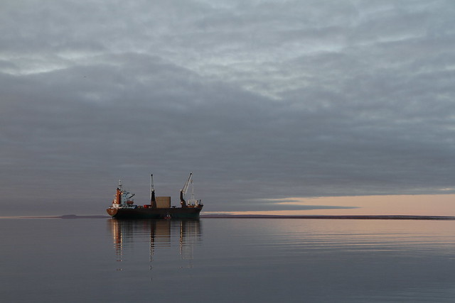 Resupply cargo barge on the waters of Nunavut