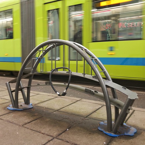 Fremont Bridge bike rack sculpture and streetcar 1 10 2019