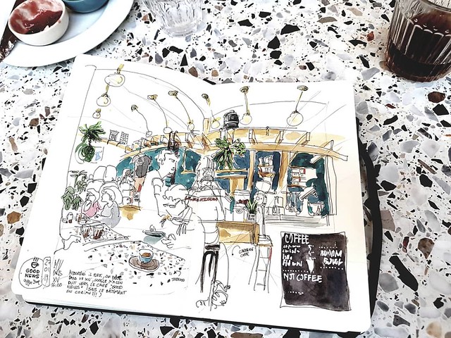 Sunday sketch, rainy day with a cup of coffee, Paris 15th.