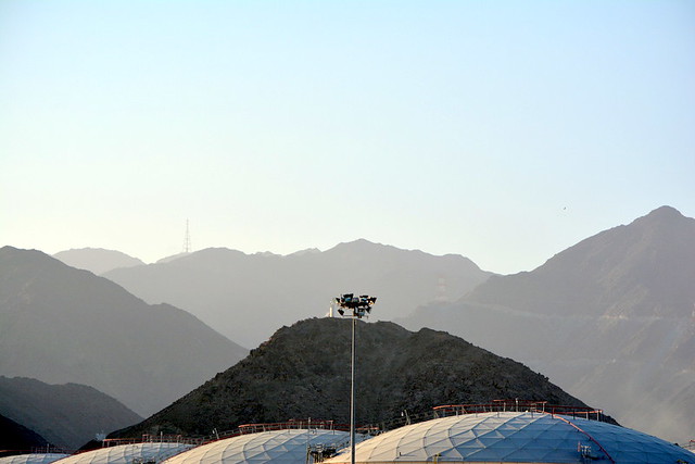 FUEL TANKS AND GRANITE MOUNTAINS IN MUSCAT OMAN.