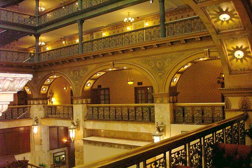 elevator mural brown palace hotel spa central business district cbd downtown denver colorado quorum hotels resorts us national register historic places nrhp landmark giddes seerie hc aia150 aia co place atrium 1890s architecture entrance tourist tourism traveler art deco light fixture lobby brick stone building sky 1001 nights american history old onasill style first brownstone attraction luxury architect frank edbrooke indoor skylight