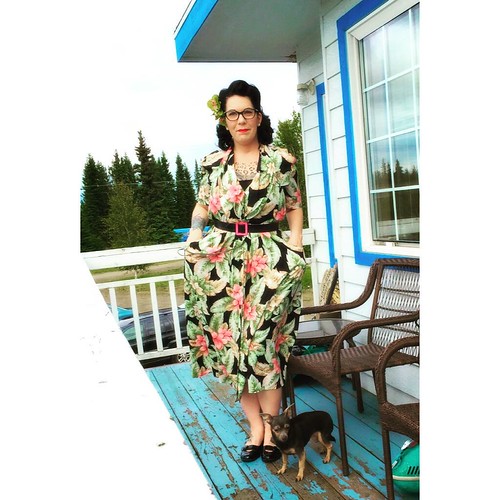 Today's #ootdsocialclub photo. Loving this #tiki #truevintage dress with my #memade hair flowers and #victoryrolls. And, of course my amazing #chihuahua Cupcake. #pinupstyle #vintagestyle #chihuahuasofinstagram #cupcakethechihuahua #pinuphair #vintagedres | by She Knits in Pearls