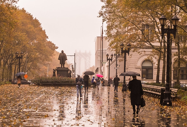 Brooklyn Heights—The Beecher Statue and Manhattan Bridge on a Rainy Day