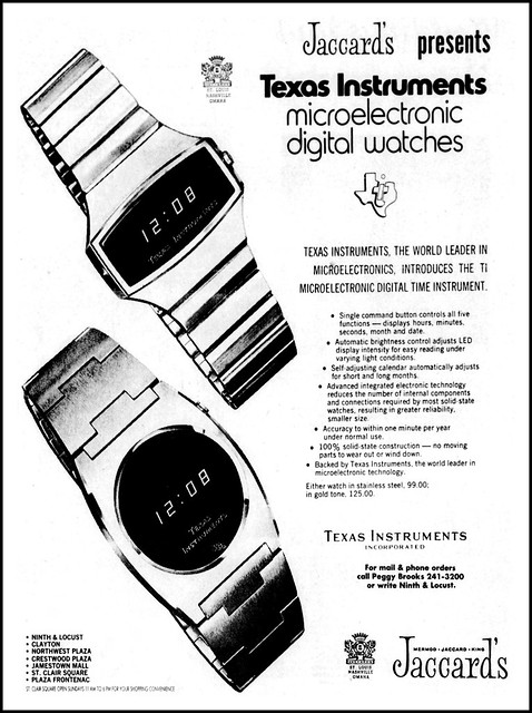 Vintage Advertising For Texas Instruments Microelectronic Digital Watches (TI-102 Top & TI-101 Bottom) In The St. Louis Post Dispatch Newspaper, November 30, 1975