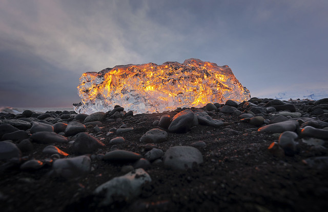 Fire and Ice, Sunset at Diamond Beach, Jökulsárlón, Iceland