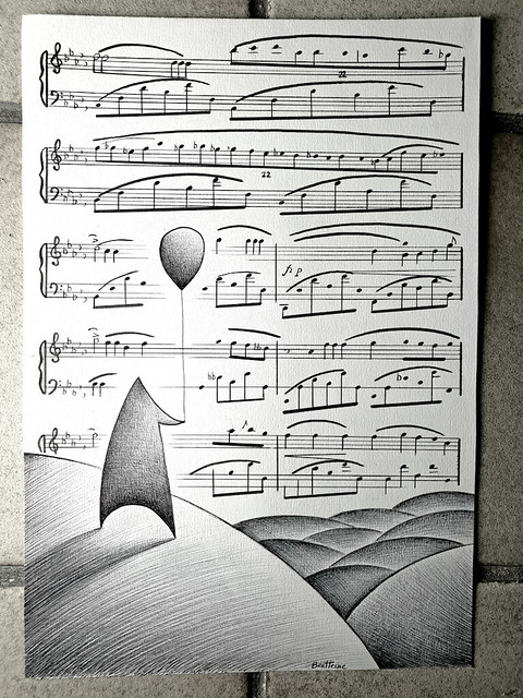 Free Your Mind with Music... I am selling this original ink drawing I made in 2008 (not a print but the original version on paper). The music score is a song by Chopin. Swipe for more vids and pics. Please contact me if interested: info@benheine.com -----