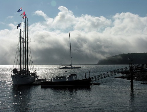 morning sun water fog docks boats islands listeningto maine barharbor moorings dotallisonafterglow