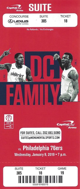 January 9, 2019, Washington Wizards vs Philadelphia 76ers, Capital One Arena, Washington DC - Ticket Stub