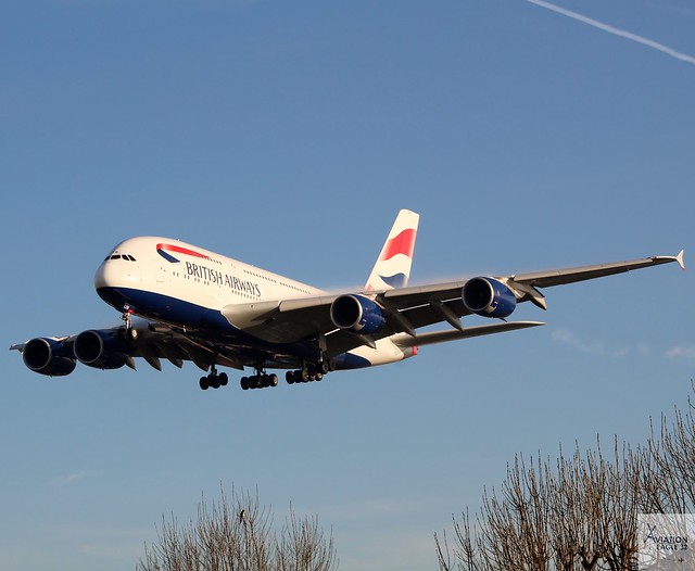 British Airways A380-841 G-XLEB landing at LHR/EGLL