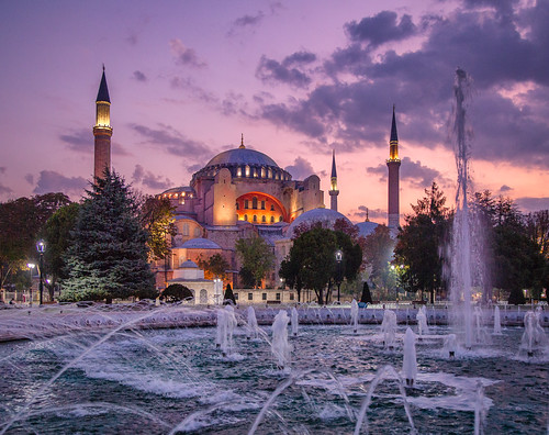 istanbul turkey hagiasophia church mosque fountain architecture water sunrise sky clouds travel