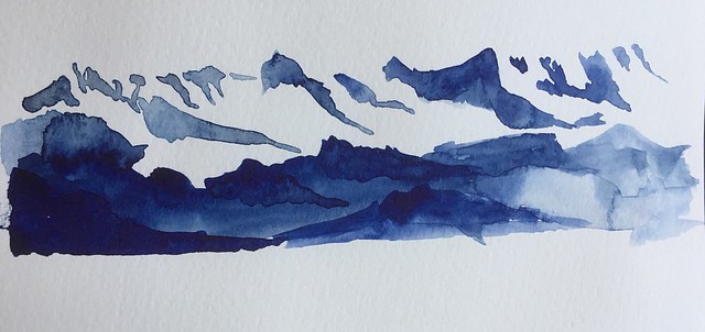 Que c’est beau, la montagne en hiver.  Aquarelle directe, bleu d’indanthrone Daniel Smith