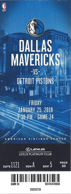 January 25, 2019, Dallas Mavericks vs Detroit Pistons, American Airlines Center, Dallas, Texas - Ticket Stub