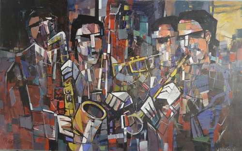 Angular musicians and instruments in a muted geometric composition